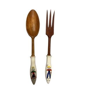 Ceramic Handle Wooden Spoon Fork Salad Set Farmer + Wife 11.5" Folk Art Kitschy
